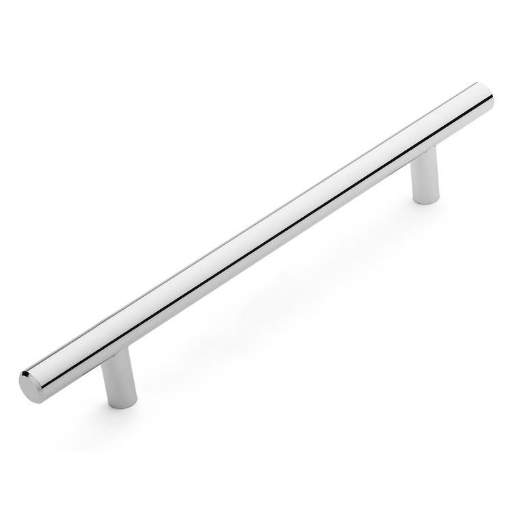 Classic straight bar pull in polished chrome finish with six inch hole spacing