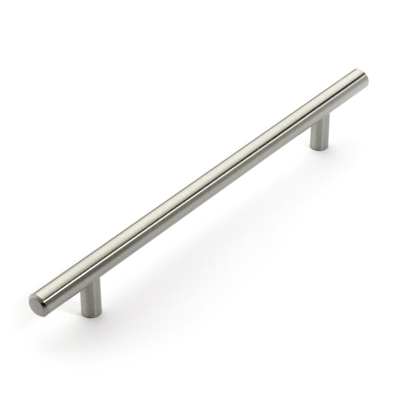 Straight cabinet pull in satin nickel finish with twelve and one fourth inch hole spacing