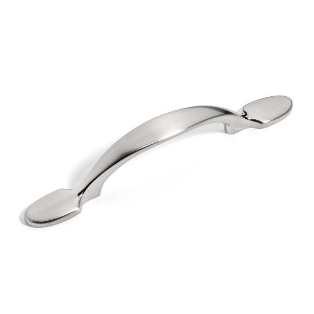 Classic drawer pull in satin nickel finish with flat plate legs and flat arch grip design