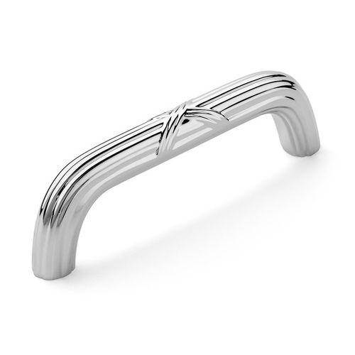 Ribbon and line accents along the pull in polished chrome finish with three inch hole spacing