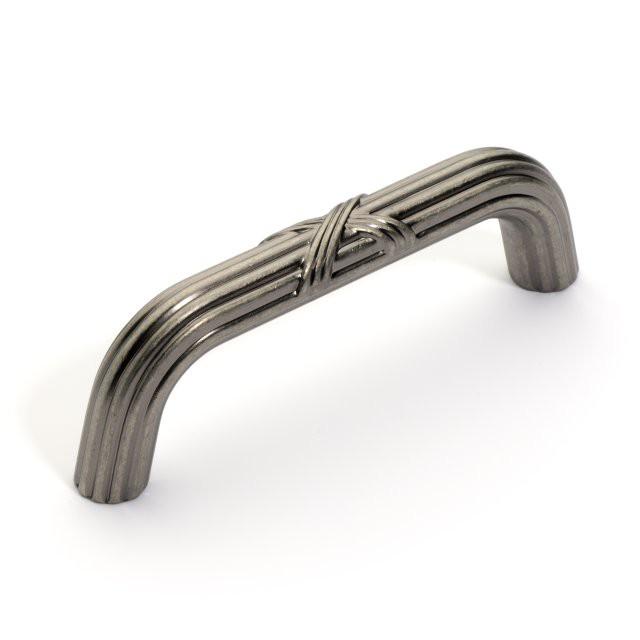 Ribbon drawer pull with lines accent in antique nickel finish 