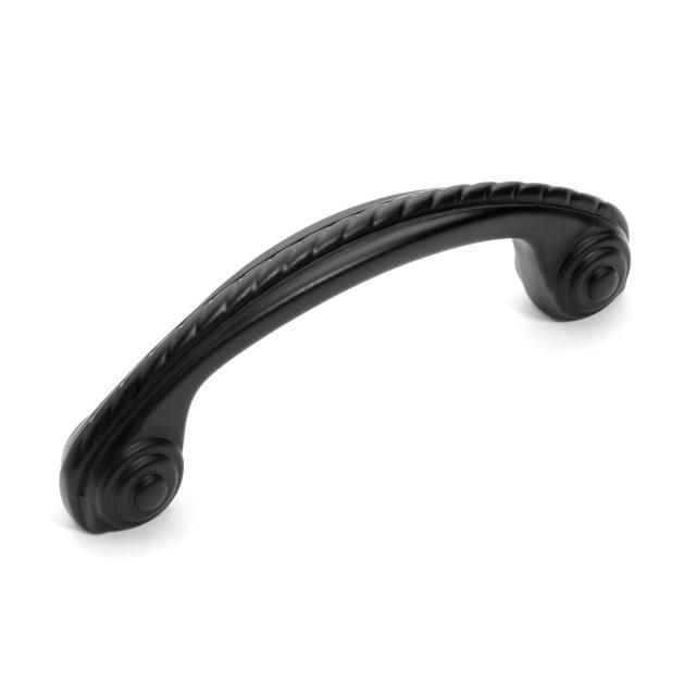 Flat black drawer pull with three inch hole spacing and rope design along the handle