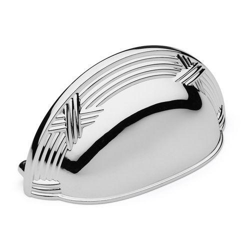 Drawer cup pull in polished chrome finish with lines accent and ribbon on the ridge with three inch hole spacing