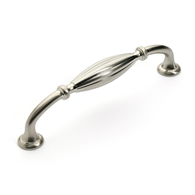 Satin nickel five inch hole spacing cabinet handle pull with flute design at the grip