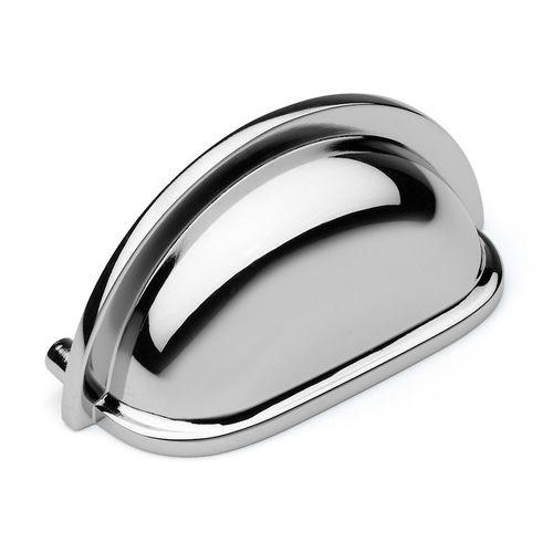 Shiny polished chrome drawer cup pull with three inch hole spacing and thick edges