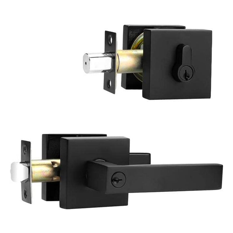 Probico Flat Black Square Entry Door Lever Lock Set and Single Cylinder Deadbolt