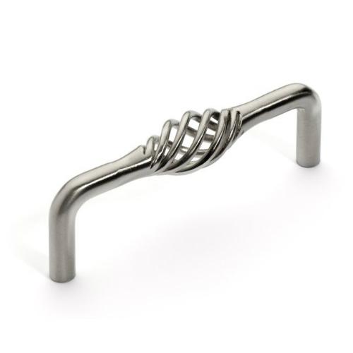 Handle pull in satin nickel finish with swirl birdcage style at the centre and three and three quarters inch hole spacing