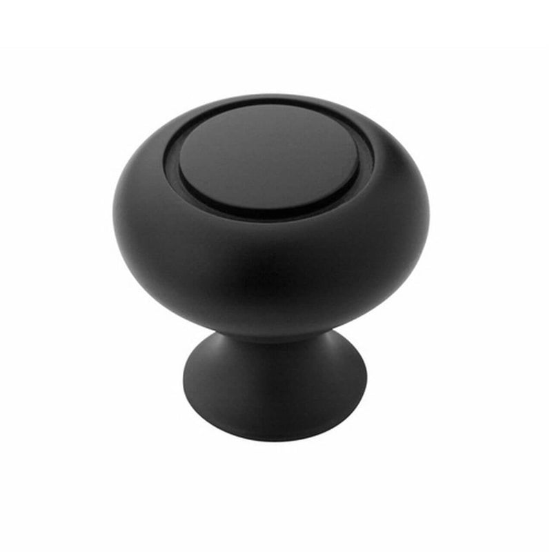 Cabinet knob in flat black finish with a ring design and one and a quarter inch diameter Amerock BP53011-FB Flat Black Ring Cabinet Knob