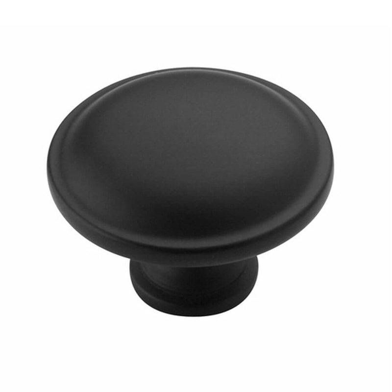 Cabinet knob in flat black finish with slightly elevated center and one and a quarter inch diameter Amerock BP53015-FB Flat Black Cabinet Knob