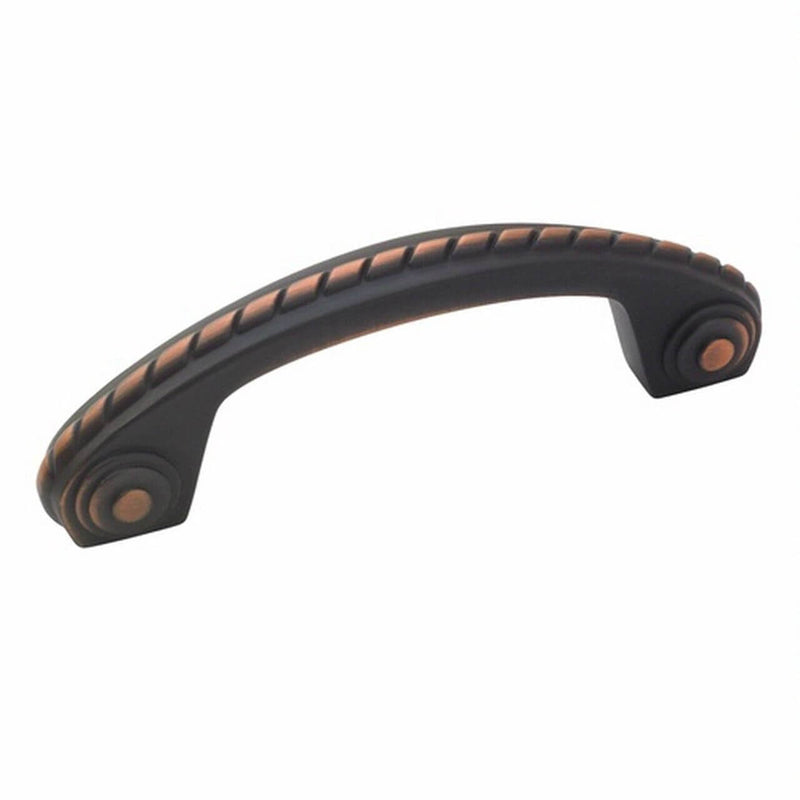 Three inch hole spacing drawer pull in oil rubbed bronze finish with spiral accents Amerock BP53470-ORB Oil Rubbed Bronze Scroll Cabinet Pull