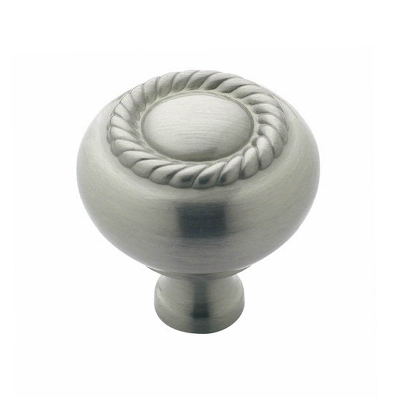 Cabinet knob in satin nickel finish with rope accent on top Amerock BP53471-G10 Satin Nickel Scroll Cabinet Knob