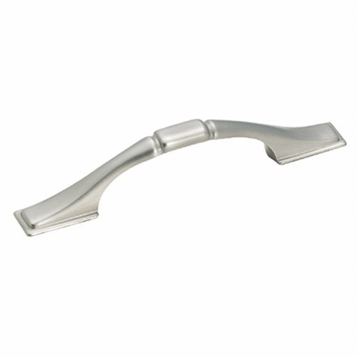 Drawer pull in satin nickel finish with rectangular ornament in the middle