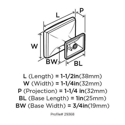 Diagram of dimensions of half round antique silver cabinet knob in rectangular shape with one and a half inch length