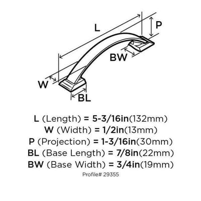 Diagram of dimensions of satin nickel furniture pull with arch and thin design