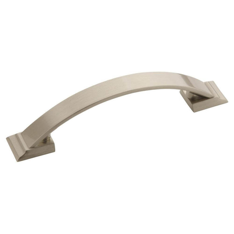 Drawer pull in satin nickel finish with curvy design and three and three fourths inch hole spacing Amerock Candler BP29355G10 Satin Nickel Cabinet Pull
