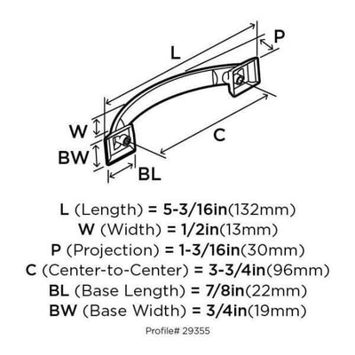 Diagram of dimensions of satin nickel furniture pull with arch and thin design