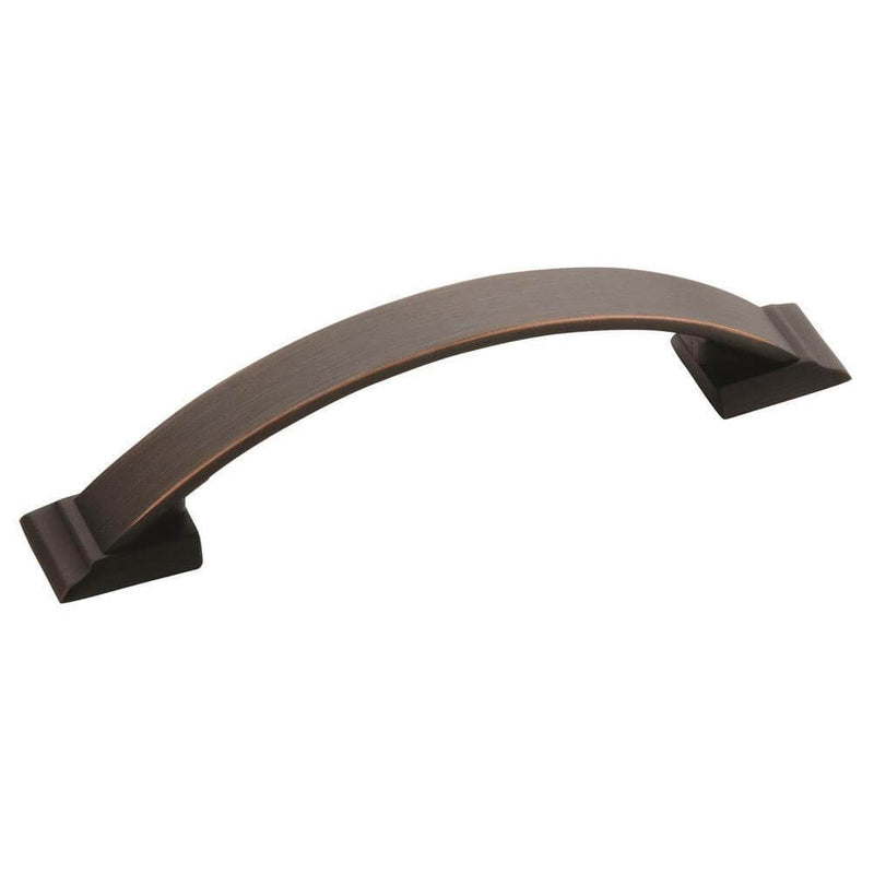 Curvy cabinet drawer pull in oil rubbed bronze finish with three and three fourths inch hole spacing Amerock Candler BP29355ORB Oil Rubbed Bronze Cabinet Pull