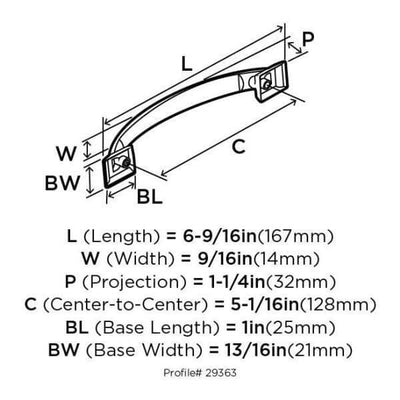 Diagram of dimensions of five inch hole spacing cabinet pull in black bronze finish with thin handle design