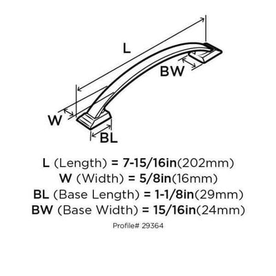 Diagram of dimensions of arched shiny drawer pull in satin nickel finish with thin handle design