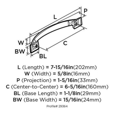 Diagram of dimensions of arched shiny drawer pull in satin nickel finish with thin handle design