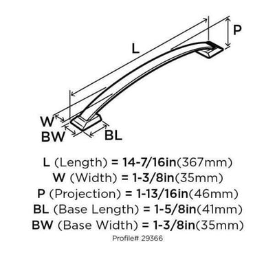 Diagram of dimensions of satin nickel drawer handle pull with thin and arch design