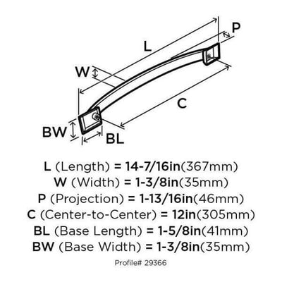 Diagram of dimensions of satin nickel drawer handle pull with thin and arch design