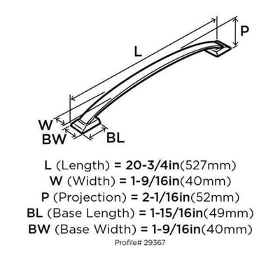 Diagram of dimensions of eighteen inch hole spacing cabinet pull with slim and thin design in antique silver finish