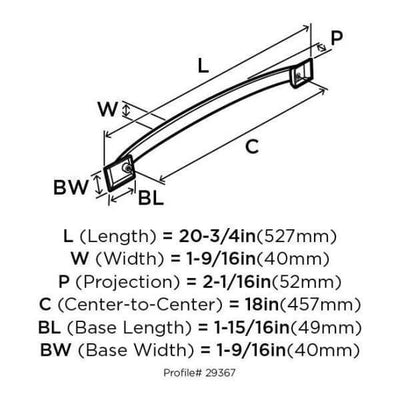 Diagram of dimensions of satin nickel furniture pull with eighteen inch hole spacing and slightly arch design