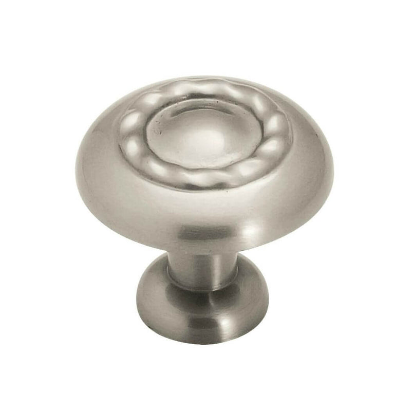 Round cabinet knob with rope embossing on top and one and one fourth inch of diameter