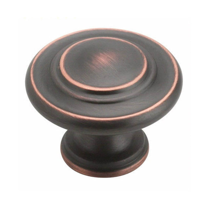 Oil rubbed bronze round cabinet knob with 3 ring design
