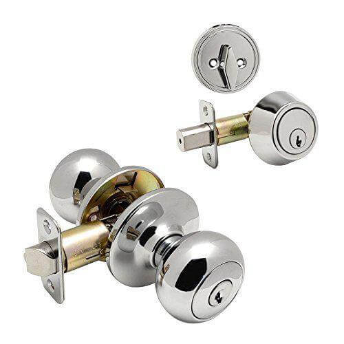 Bedford Polished Chrome Entry Knob with Matching Single Cylinder Deadbolt Combo Pack