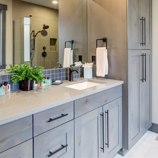 Cosmas 305-480FB Flat Black Euro Style Bar Pull. Bathroom with extra long appliance pulls. 