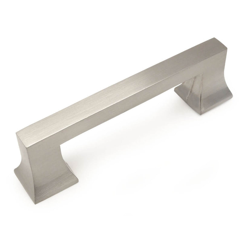 Satin nickel finish cabinet pull with three and three quarters inch hole spacing