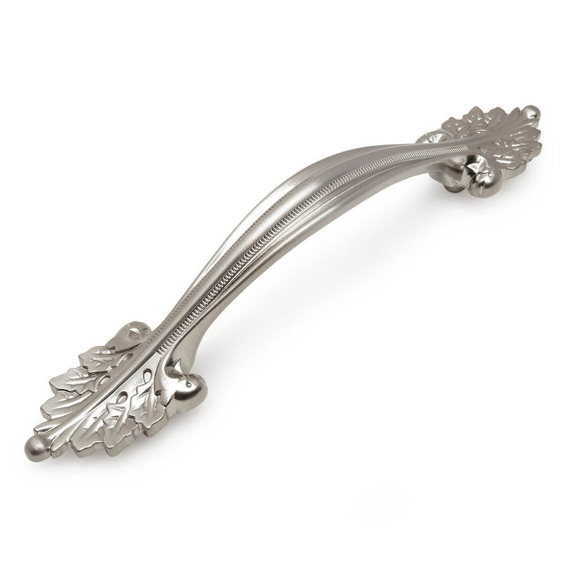 Cabinet pull in silver with leaf designs and artistic etchings