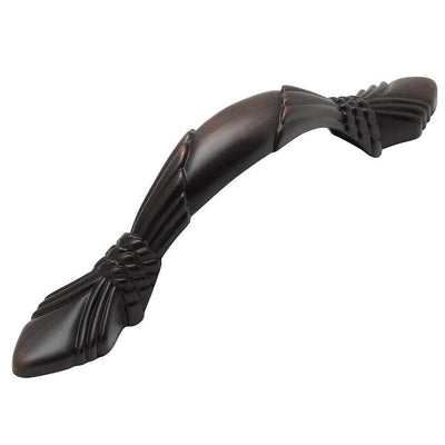Drawer pull raised rope design in oil rubbed bronze finish with three inch hole spacing