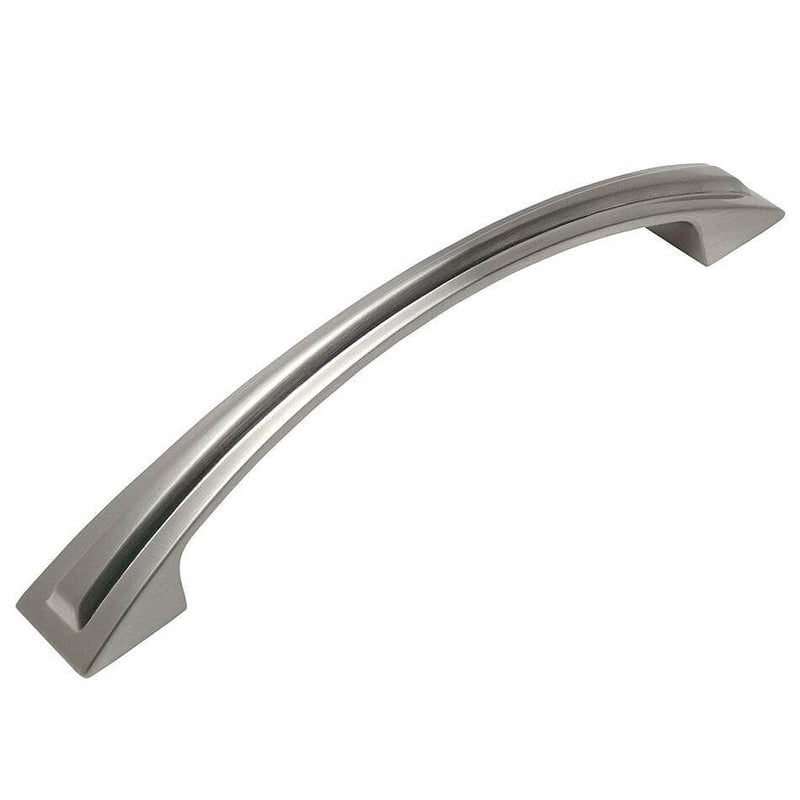 Flare style cabinet pull in satin nickel finish with five inch hole spacing