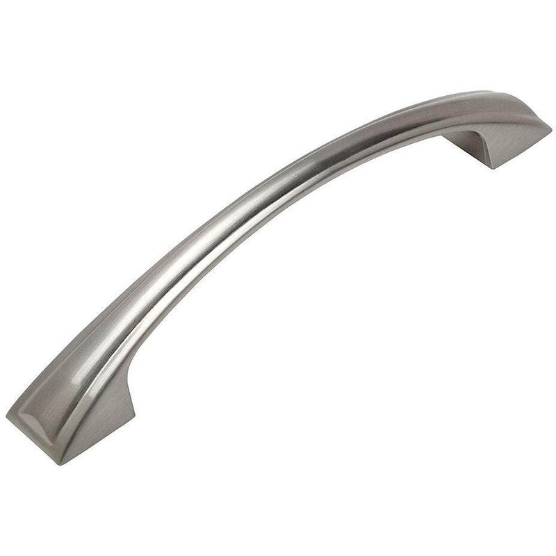 Flare style drawer pull in satin nickel finish with three and three quarters inch hole spacing