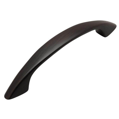 Subtle arched cabinet pull in oil rubbed bronze finish with three inch hole spacing