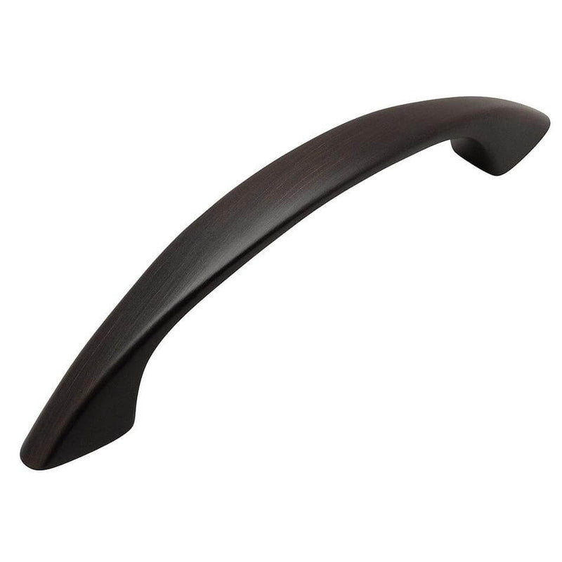 Subtle arched cabinet pull in oil rubbed bronze finish with three inch hole spacing