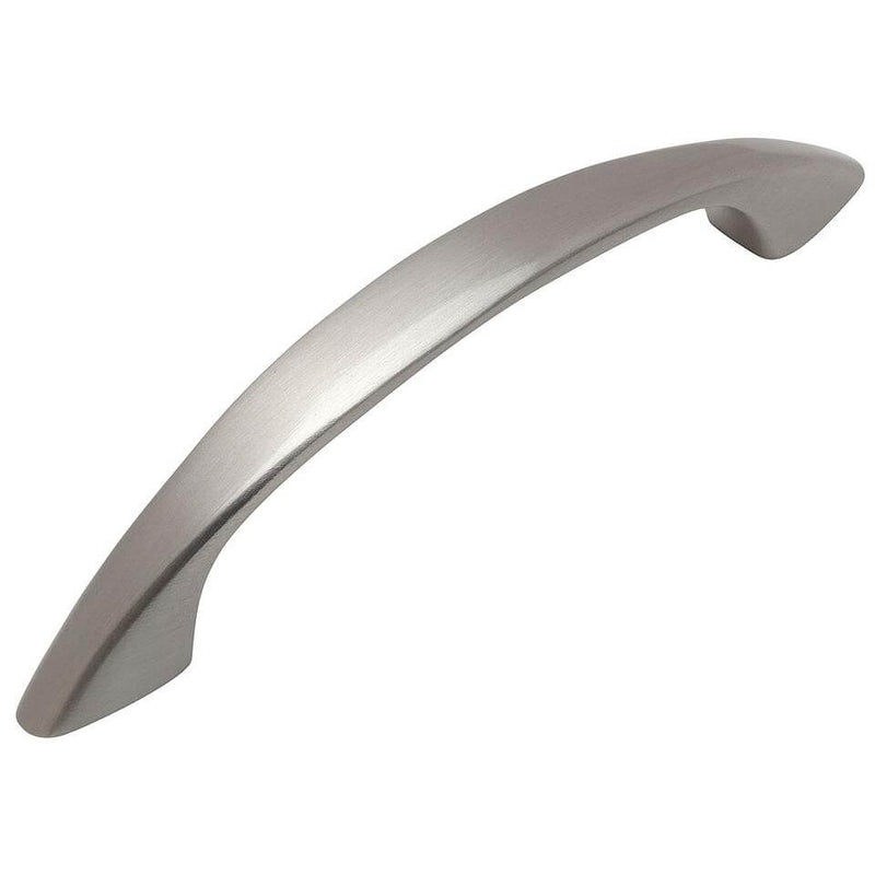 Satin nickel finish subtle arched pull with three inch hole spacing
