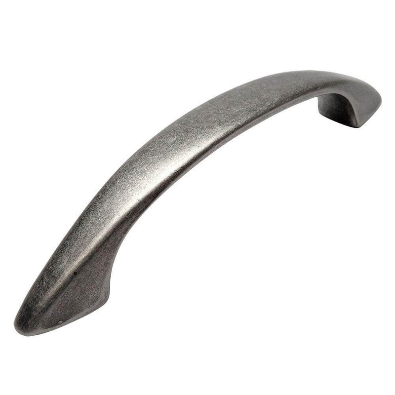 Subtle arched cabinet pull in weathered nickel finish with three inch hole spacing