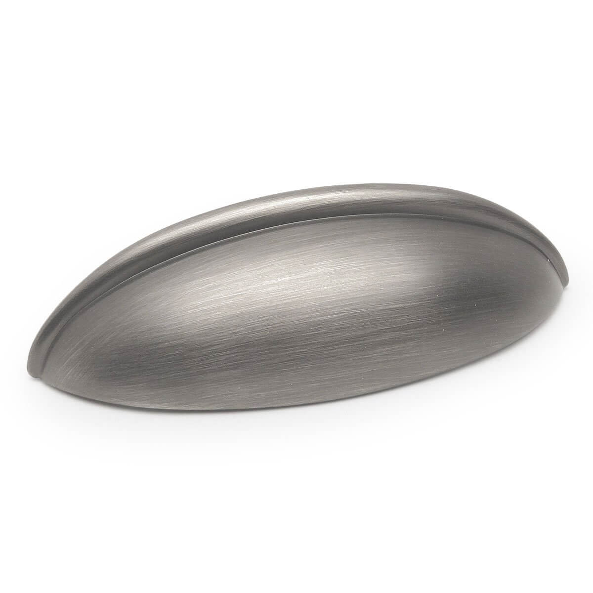 Silver oblong cabinet pull with two and a half inch hole spacing