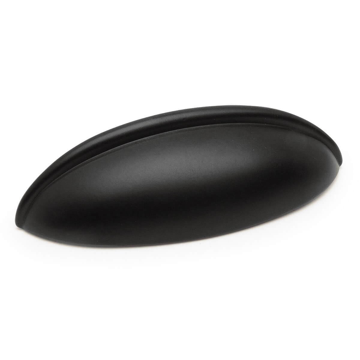 Elongated shaped flat black cabinet pull with two and a half inch hole spacing