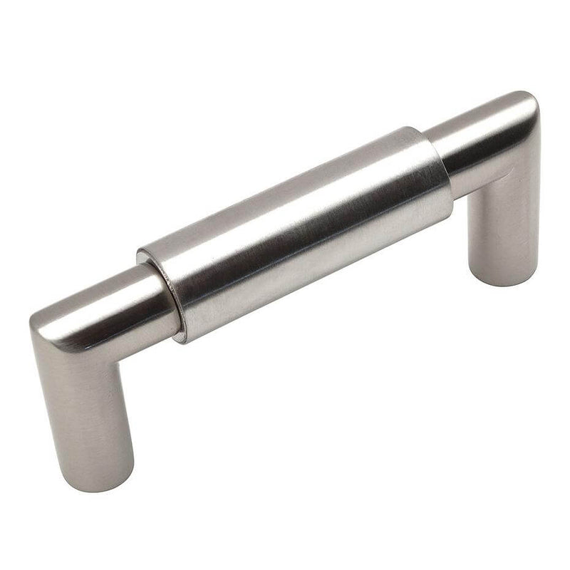 Double cylinder design drawer pull in satin nickel finish with three inch hole spacing