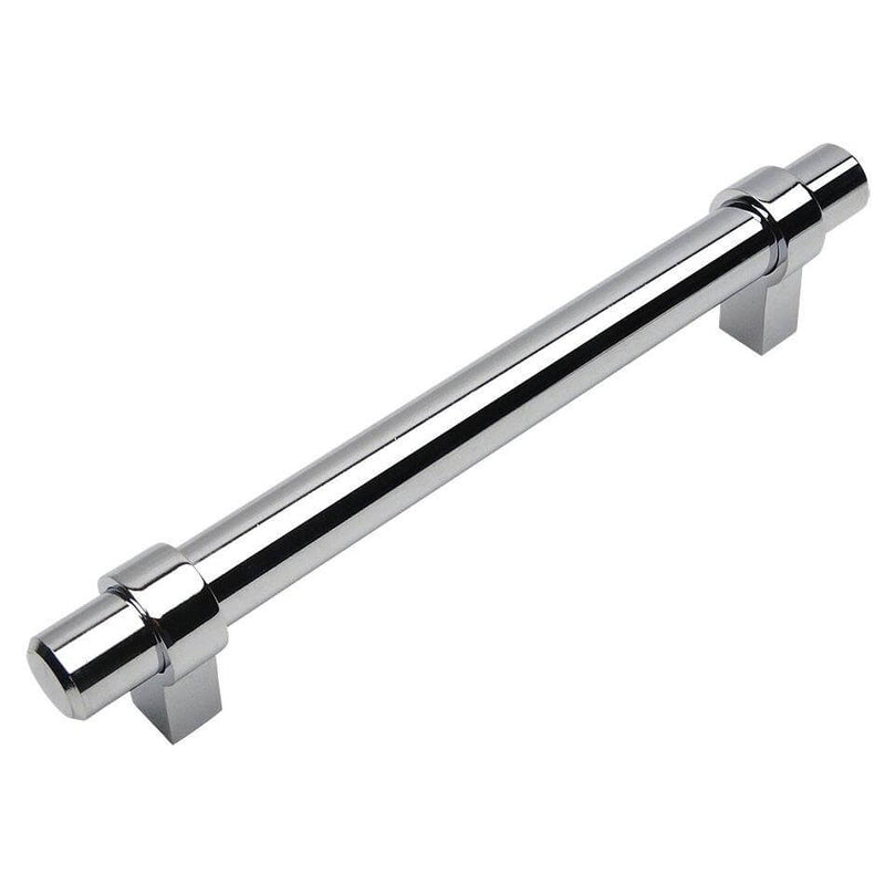 Polished chrome  euro style bar pull with six and five sixteenths inch hole spacing