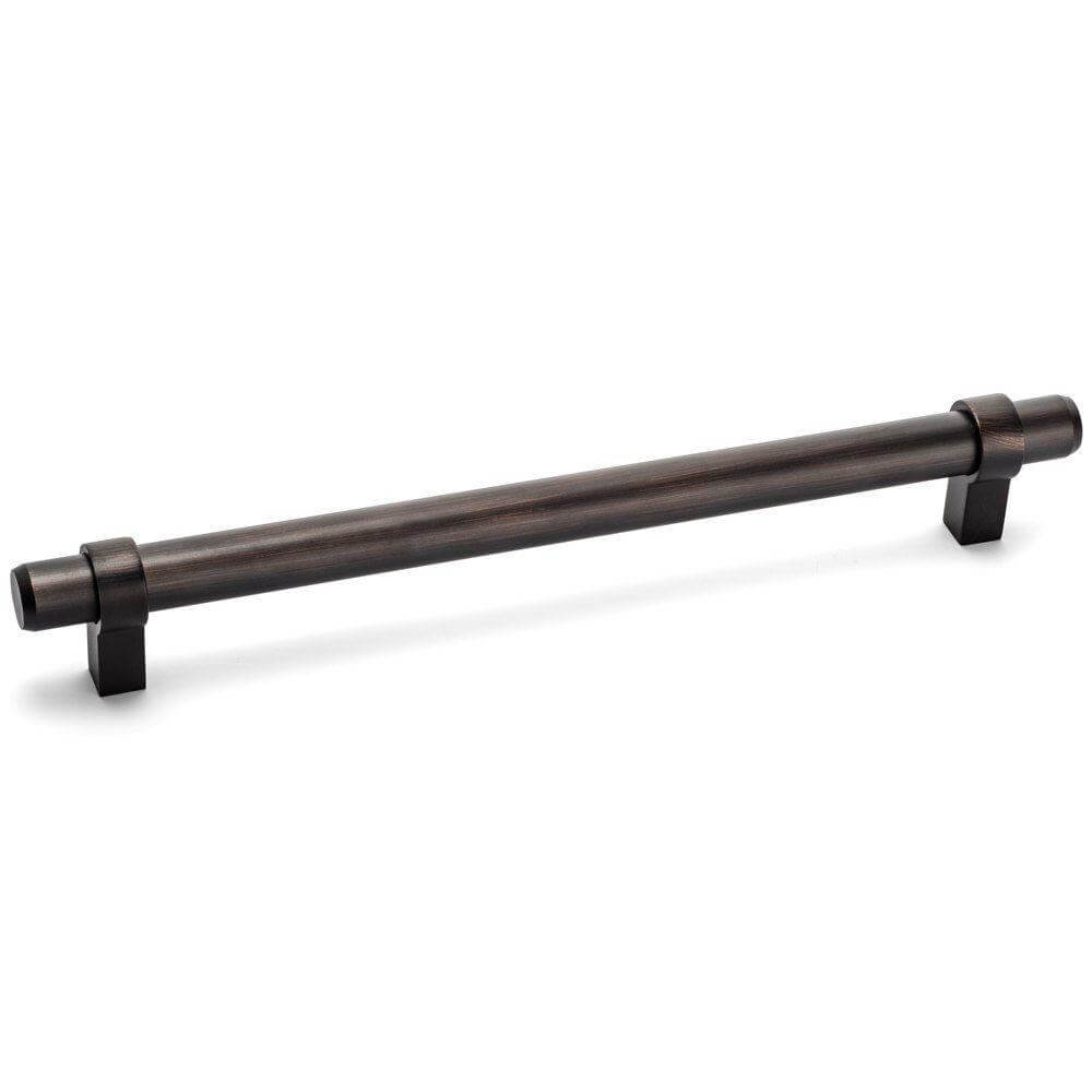 Oil rubbed bronze euro style bar pull with six and five sixteenths inch hole spacing