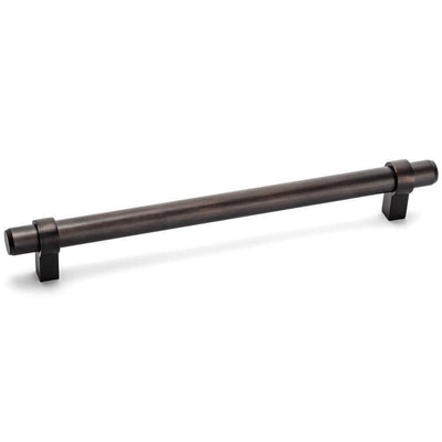 Oil rubbed bronze euro style bar pull with six and five sixteenths inch hole spacing