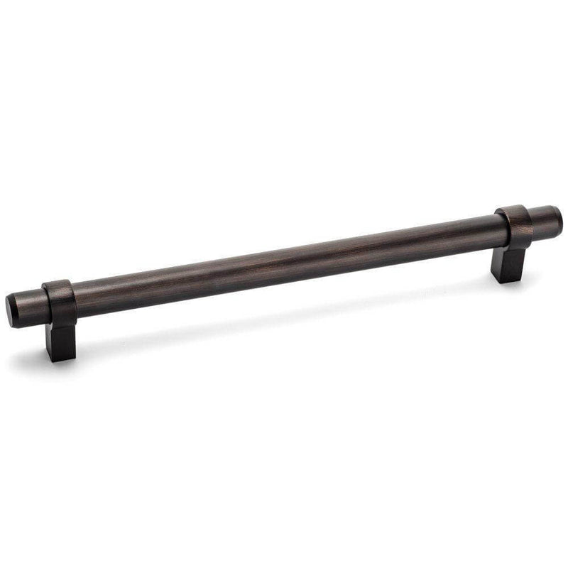 Oil rubbed bronze euro style bar pull with six and five sixteenths inch hole spacing