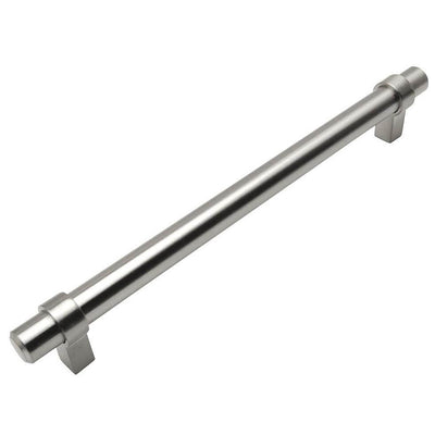 Satin nickel euro style bar pull with six and five sixteenths inch hole spacing