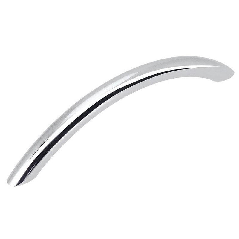 Smooth curved cabinet handle in polished chrome finish with three and three quarters inch hole spacing